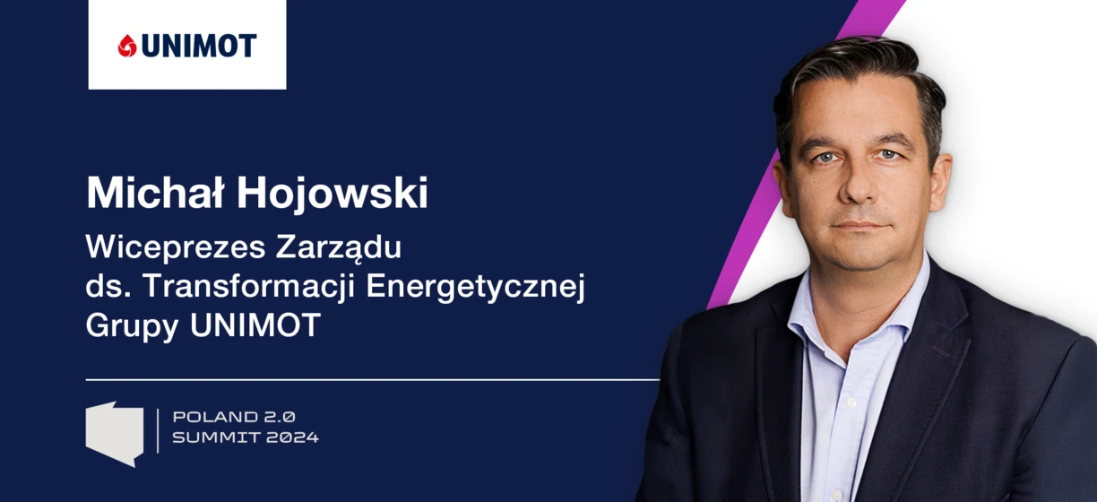 Michał Hojowski, Wiceprezes UNIMOT, w formalnym stroju biznesowym reprezentujący firmę na POLAND 2.0 SUMMIT 2024.
